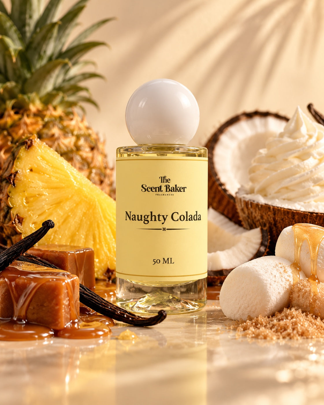 Naughty Colada 50 ML bottle with pineapple, coconut, caramel and vanilla