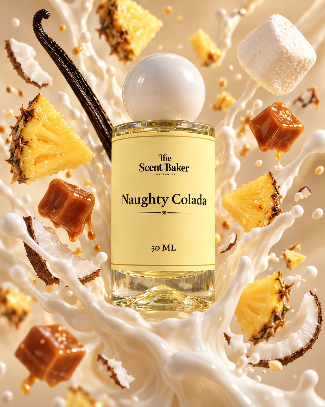 Naughty Colada 50 ML bottle with pineapple, coconut, caramel and vanilla