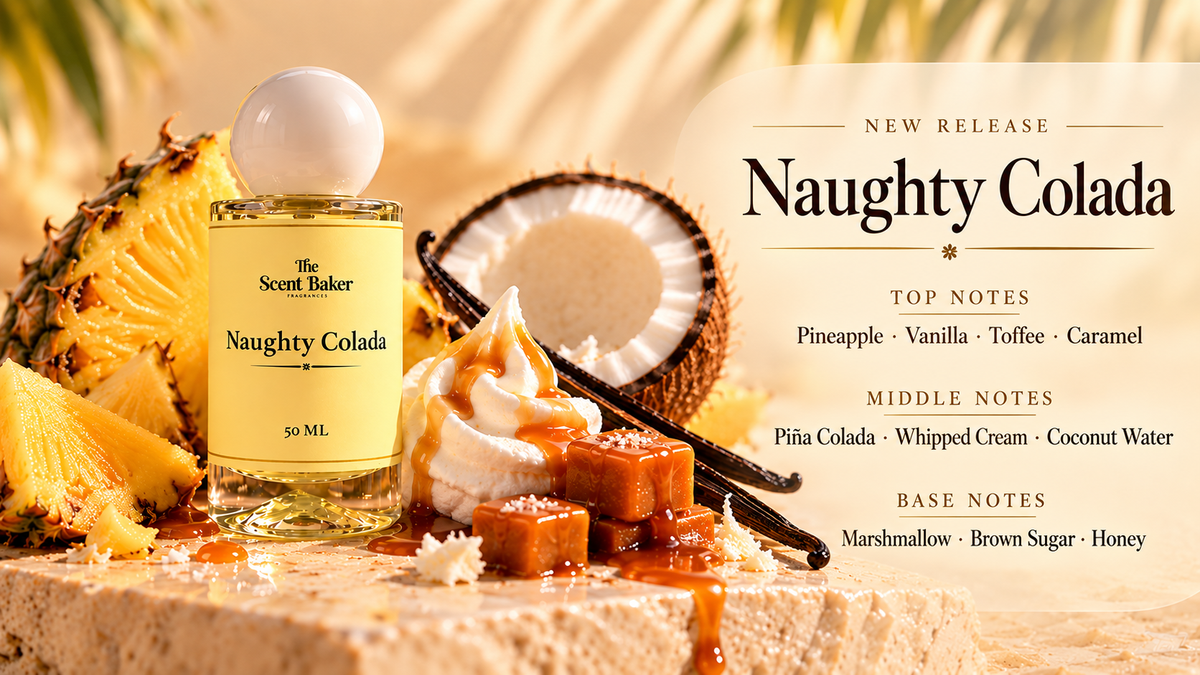 Naughty Colada new release banner showing the fragrance bottle and top, middle, and base notes